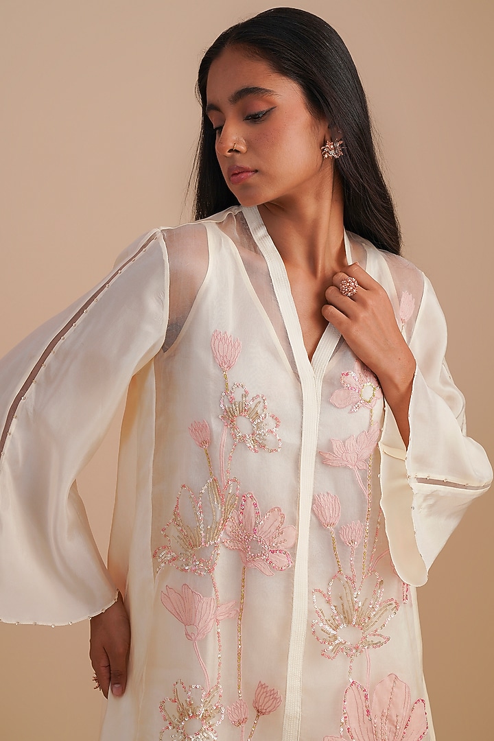 Ecru Silk Organza Hand Embroidered Co-Ord Set by One not two at Pernia's Pop Up Shop