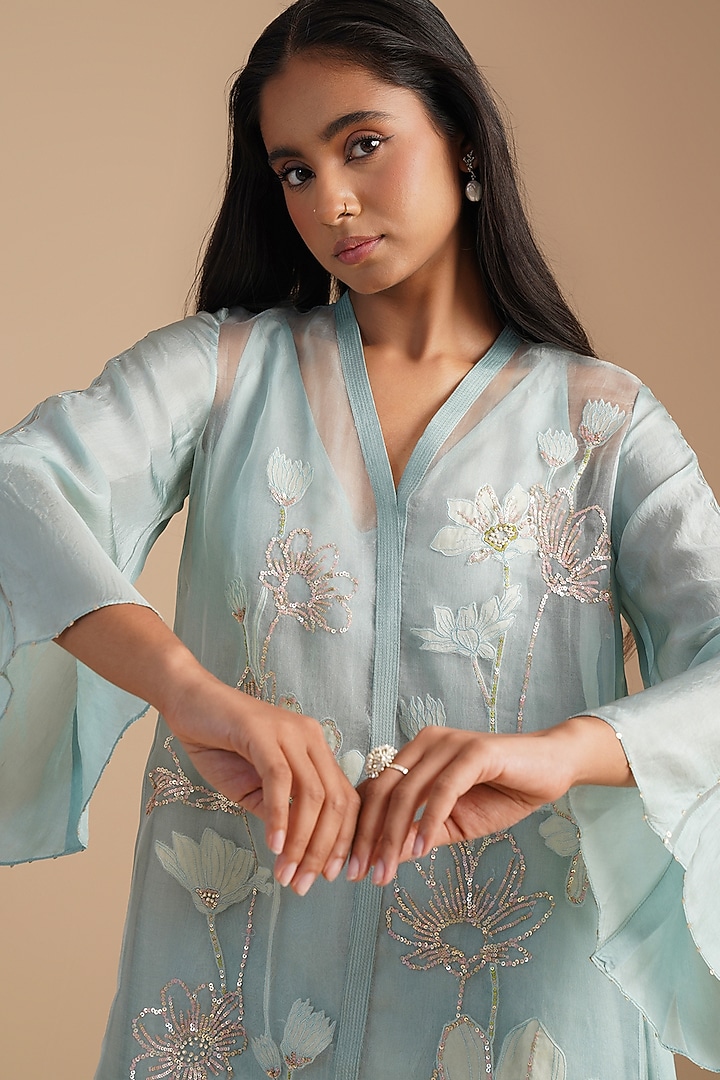 Powder Blue Silk Organza Hand Embroidered Co-Ord Set by One not two at Pernia's Pop Up Shop
