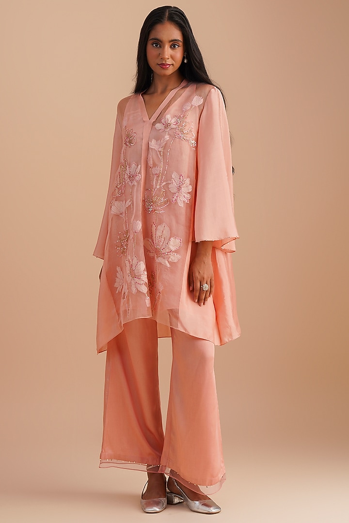 Blush Silk Organza Hand Embroidered Co-Ord Set by One not two at Pernia's Pop Up Shop