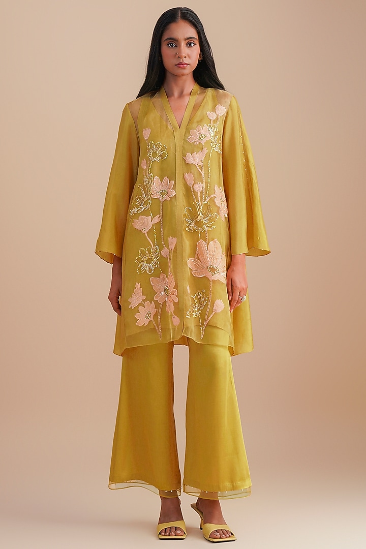 Daffodil Silk Organza Hand Embroidered Co-Ord Set by One not two at Pernia's Pop Up Shop