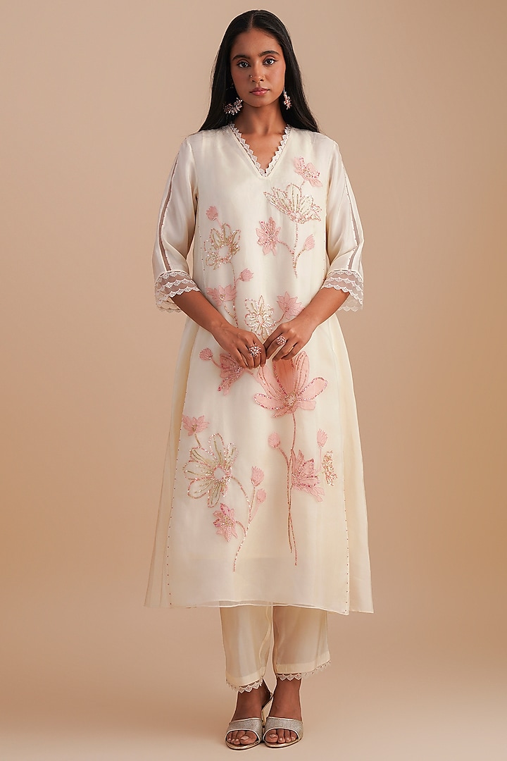 Ecru Silk & Organza Hand Embroidered Kurta Set by One not two at Pernia's Pop Up Shop