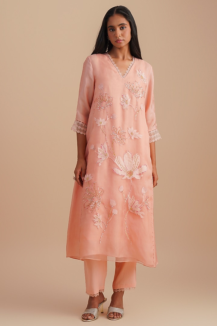 Blush Silk & Organza Hand Embroidered Kurta Set by One not two at Pernia's Pop Up Shop