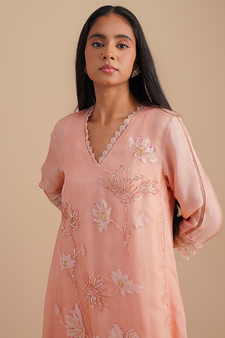 Blush Silk & Organza Hand Embroidered Kurta Set by One not two at Pernia's Pop Up Shop