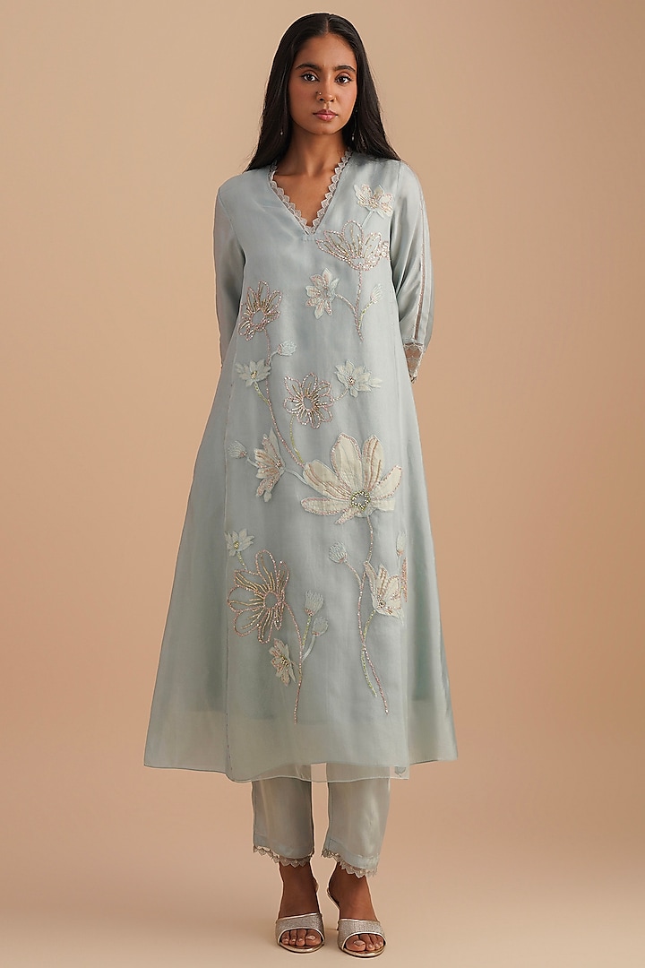 Powder Blue Silk & Organza Hand Embroidered Kurta Set by One not two at Pernia's Pop Up Shop