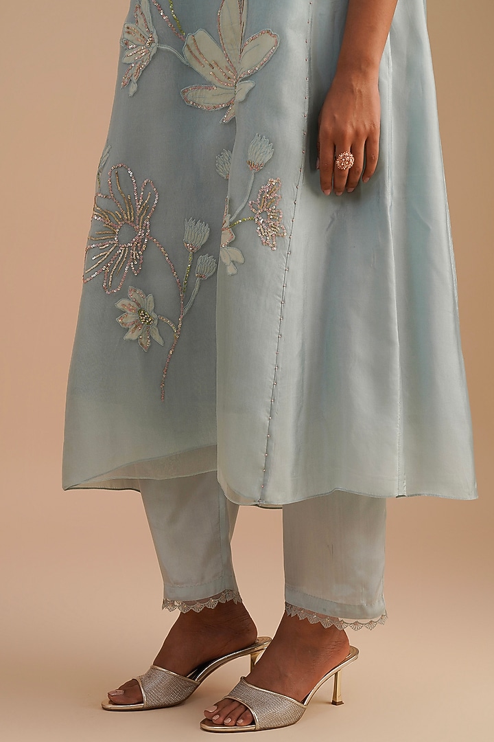 Powder Blue Silk & Organza Hand Embroidered Kurta Set by One not two at Pernia's Pop Up Shop
