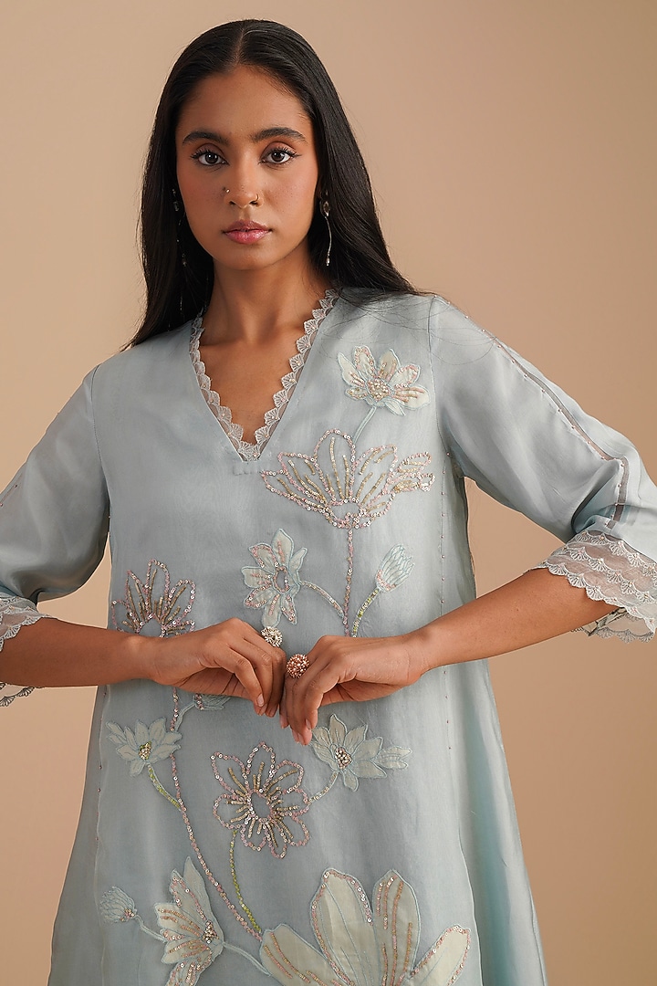 Powder Blue Silk & Organza Hand Embroidered Kurta Set by One not two at Pernia's Pop Up Shop