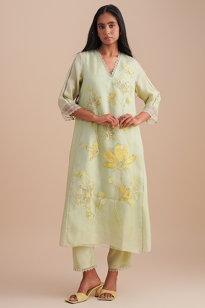 Mist Silk & Organza Hand Embroidered Kurta Set by One not two at Pernia's Pop Up Shop