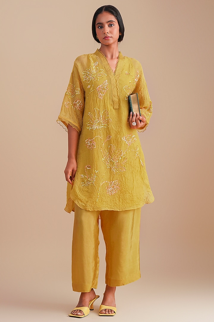 Daffodil Viscose Organza Floral Hand Embroidered Co-Ord Set by One not two at Pernia's Pop Up Shop