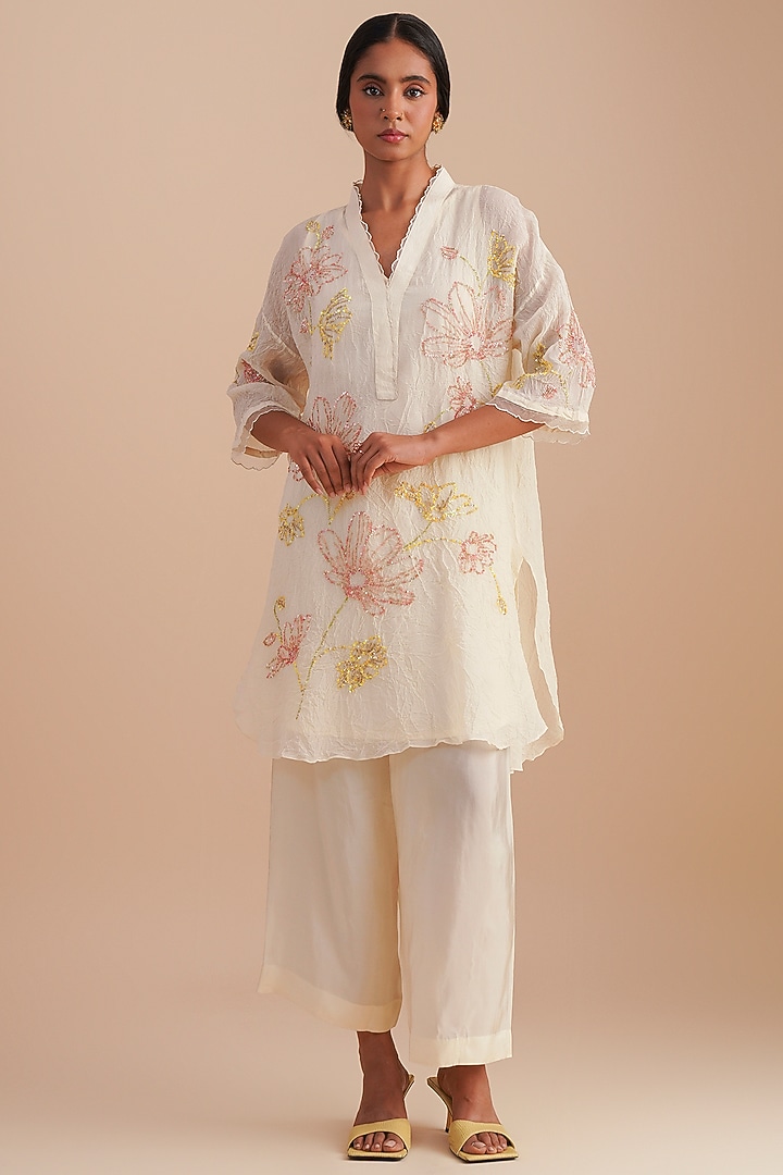 Ecru Viscose Organza Floral Hand Embroidered Co-Ord Set by One not two at Pernia's Pop Up Shop