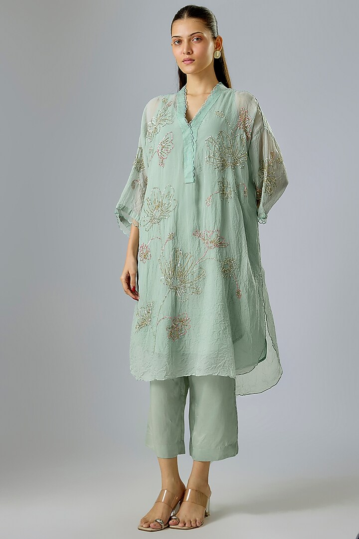 Powder Blue Silk Hand Embroidered Kurta Set by One not two at Pernia's Pop Up Shop