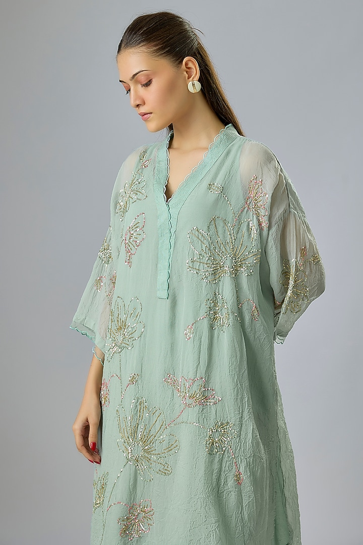 Powder Blue Silk Hand Embroidered Kurta Set by One not two at Pernia's Pop Up Shop