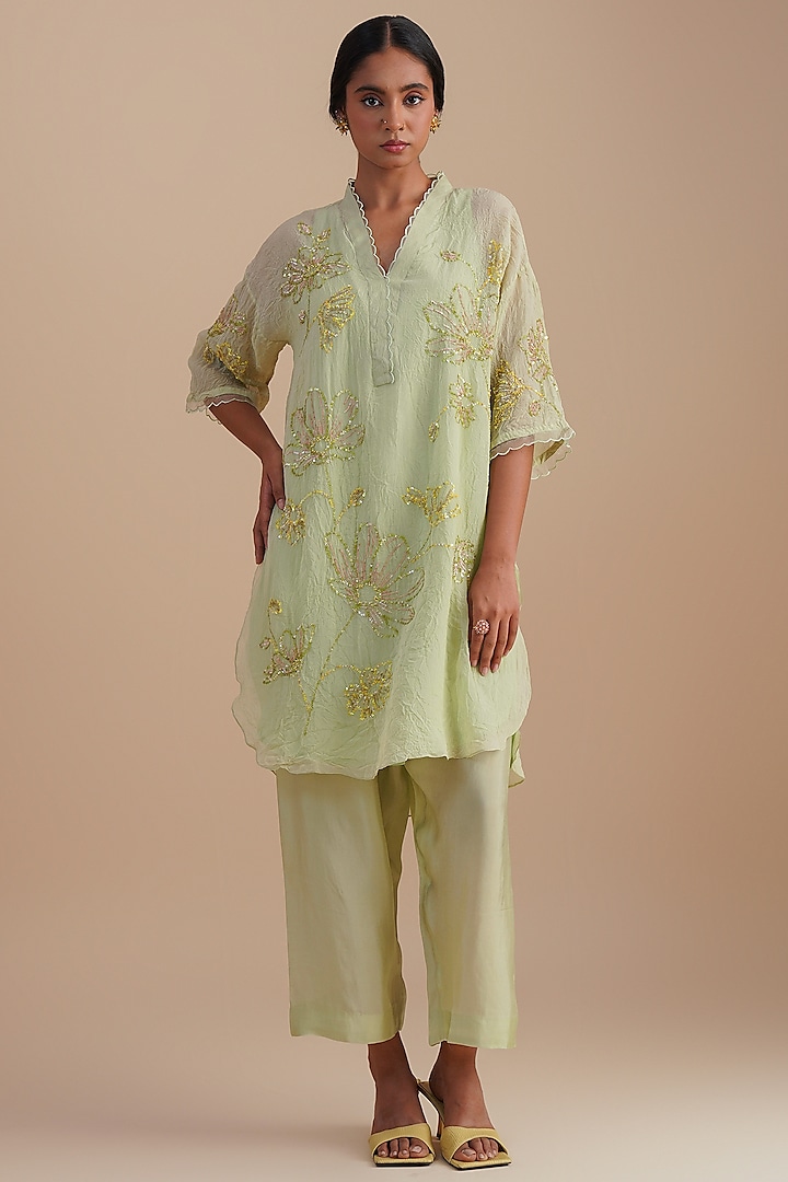 Mist Viscose Organza Floral Hand Embroidered Co-Ord Set by One not two at Pernia's Pop Up Shop