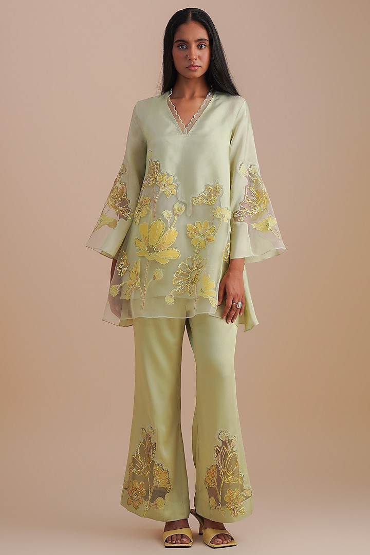 Mist Silk & Organza Floral Hand Embroidered Co-Ord Set by One not two at Pernia's Pop Up Shop
