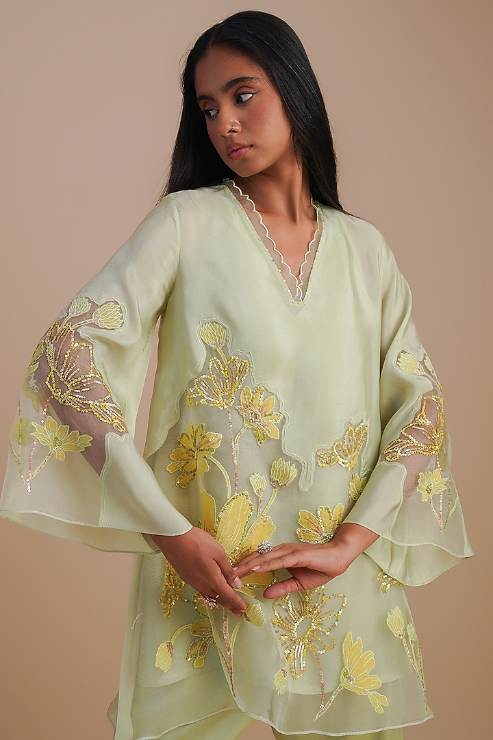 Mist Silk & Organza Floral Hand Embroidered Co-Ord Set by One not two at Pernia's Pop Up Shop