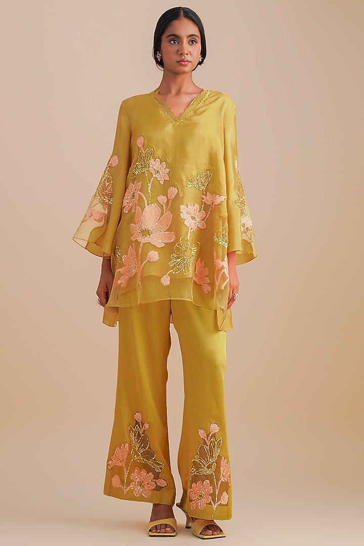 Daffodil Silk & Organza Floral Hand Embroidered Co-Ord Set by One not two at Pernia's Pop Up Shop