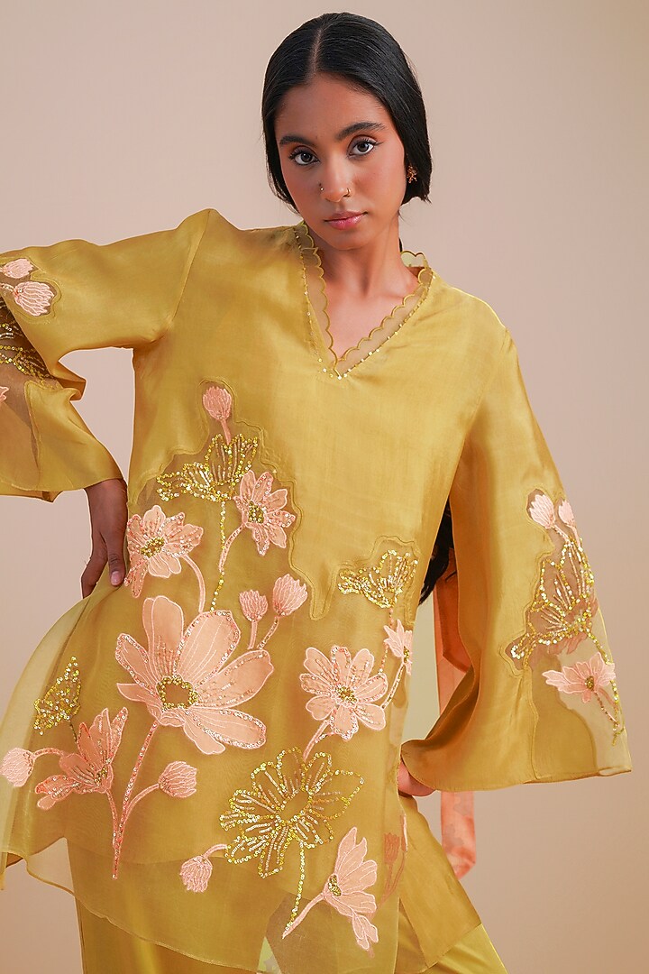 Daffodil Silk & Organza Floral Hand Embroidered Co-Ord Set by One not two at Pernia's Pop Up Shop