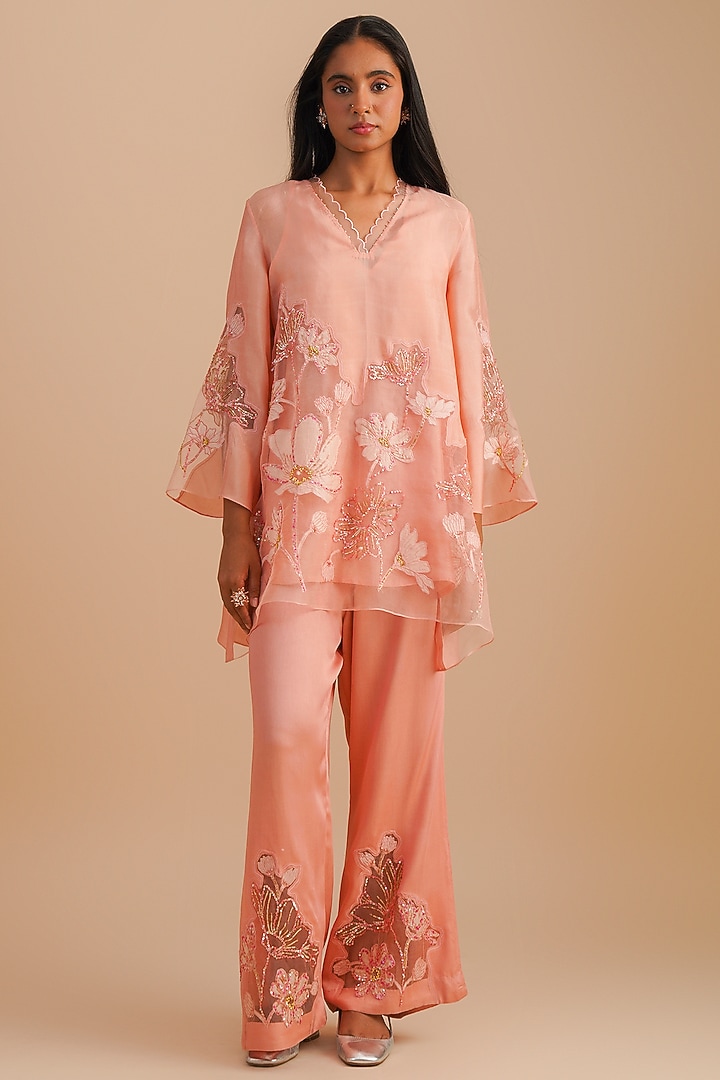 Blush Silk & Organza Floral Hand Embroidered Co-Ord Set by One not two at Pernia's Pop Up Shop