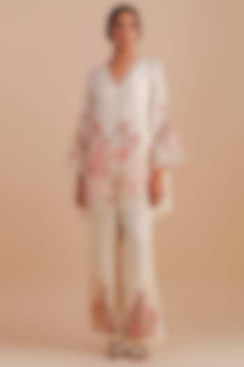 Ecru Silk & Organza Floral Hand Embroidered Co-Ord Set by One not two at Pernia's Pop Up Shop