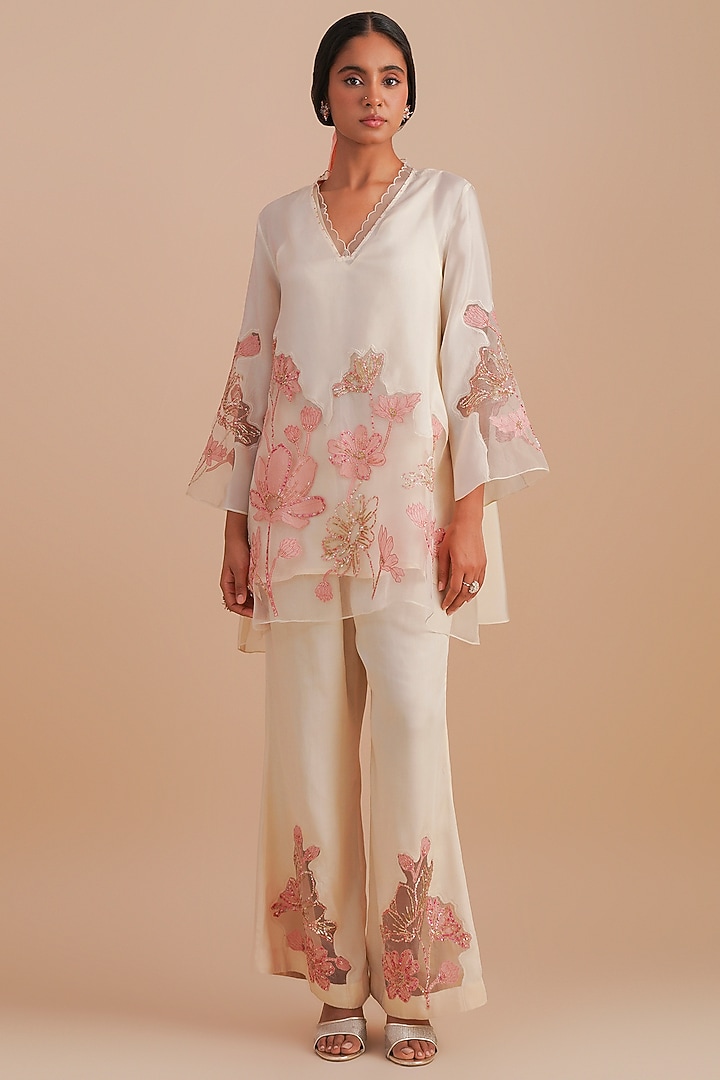 Ecru Silk & Organza Floral Hand Embroidered Co-Ord Set by One not two at Pernia's Pop Up Shop