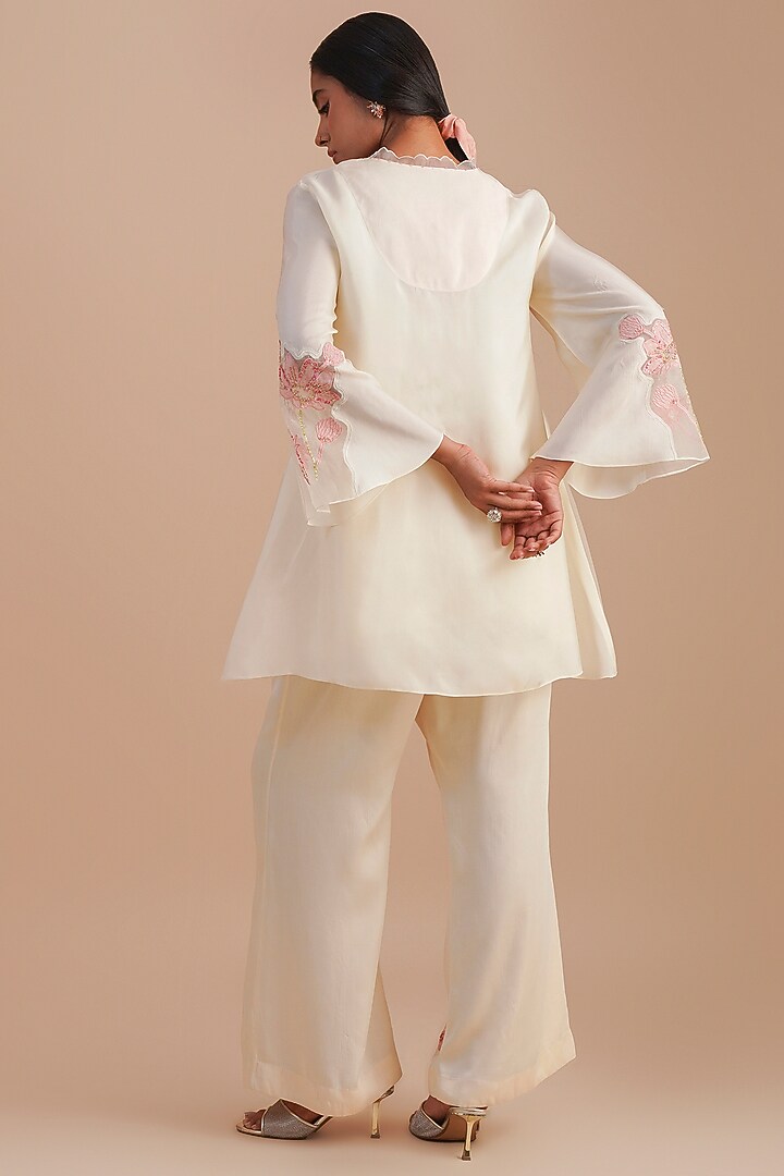 Ecru Silk & Organza Floral Hand Embroidered Co-Ord Set by One not two at Pernia's Pop Up Shop