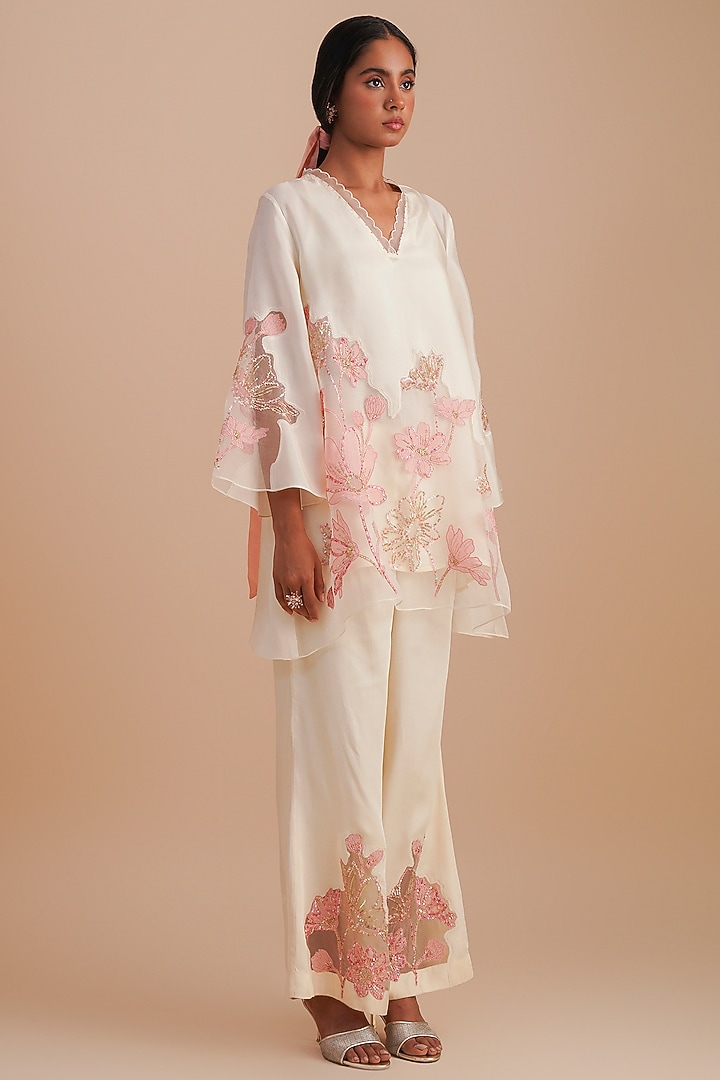 Ecru Silk & Organza Floral Hand Embroidered Co-Ord Set by One not two at Pernia's Pop Up Shop