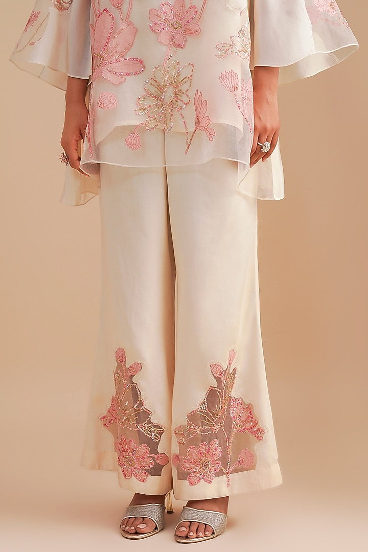 Ecru Silk & Organza Floral Hand Embroidered Co-Ord Set by One not two at Pernia's Pop Up Shop