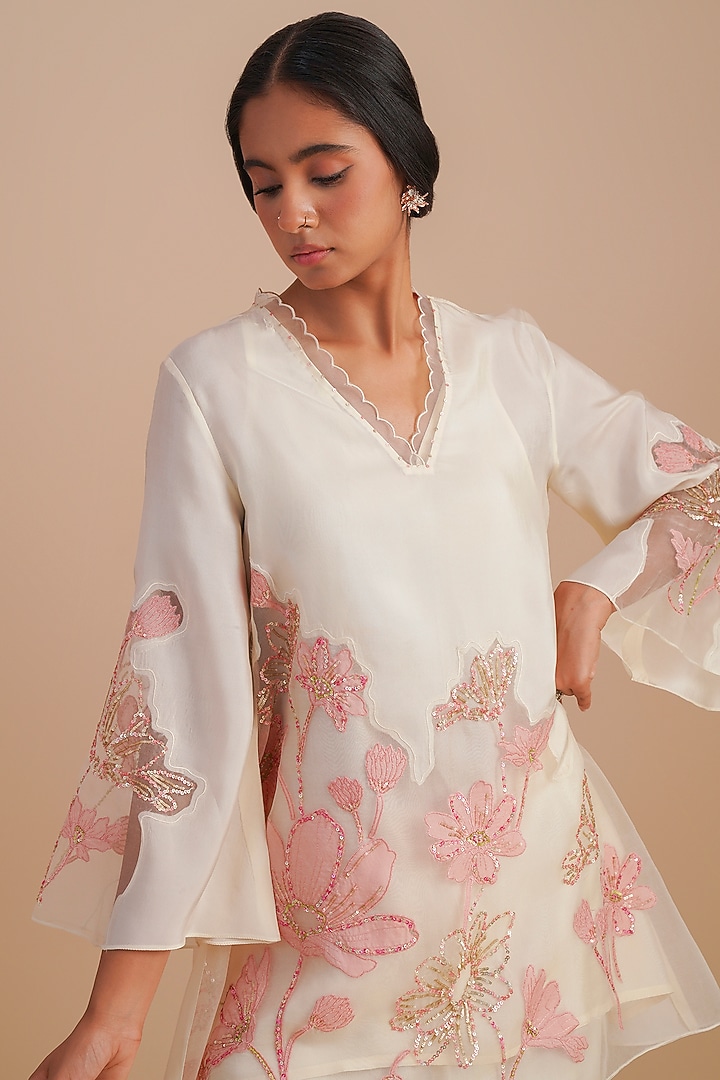 Ecru Silk & Organza Floral Hand Embroidered Co-Ord Set by One not two at Pernia's Pop Up Shop
