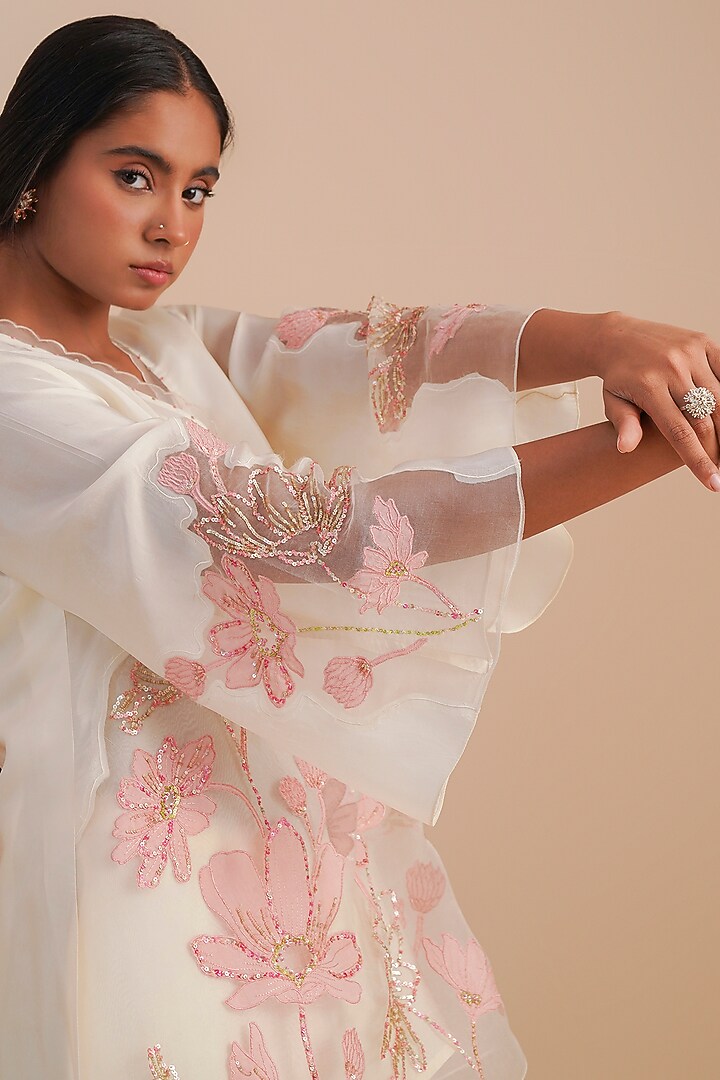 Ecru Silk & Organza Floral Hand Embroidered Co-Ord Set by One not two at Pernia's Pop Up Shop