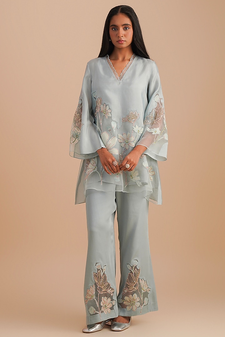 Powder Blue Silk & Organza Floral Hand Embroidered Co-Ord Set by One not two at Pernia's Pop Up Shop