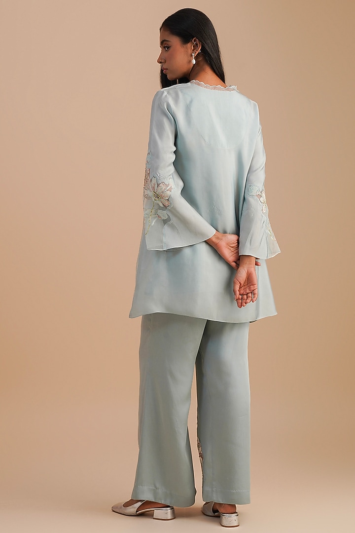 Powder Blue Silk & Organza Floral Hand Embroidered Co-Ord Set by One not two at Pernia's Pop Up Shop