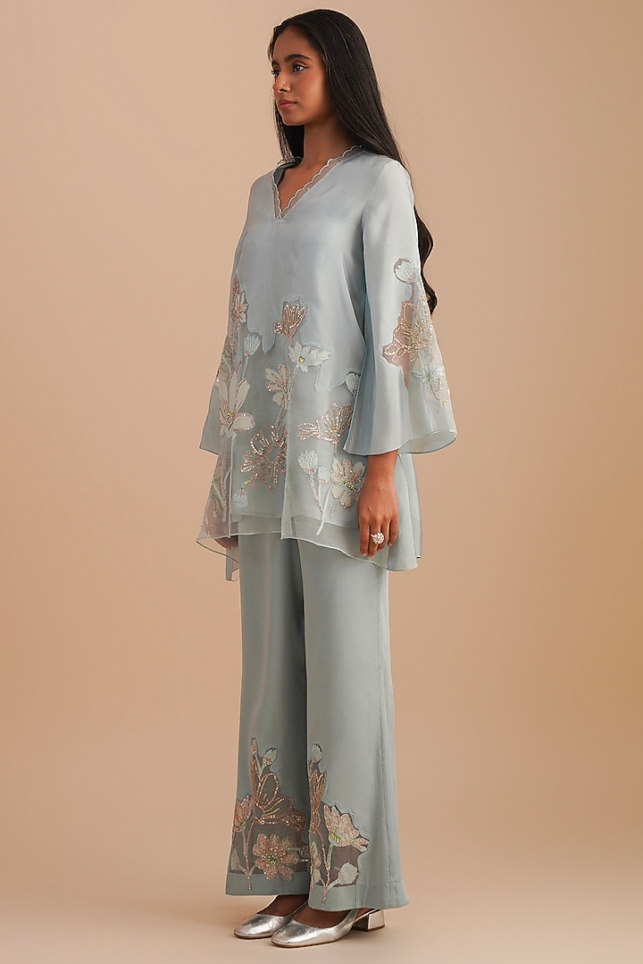 Powder Blue Silk & Organza Floral Hand Embroidered Co-Ord Set by One not two at Pernia's Pop Up Shop