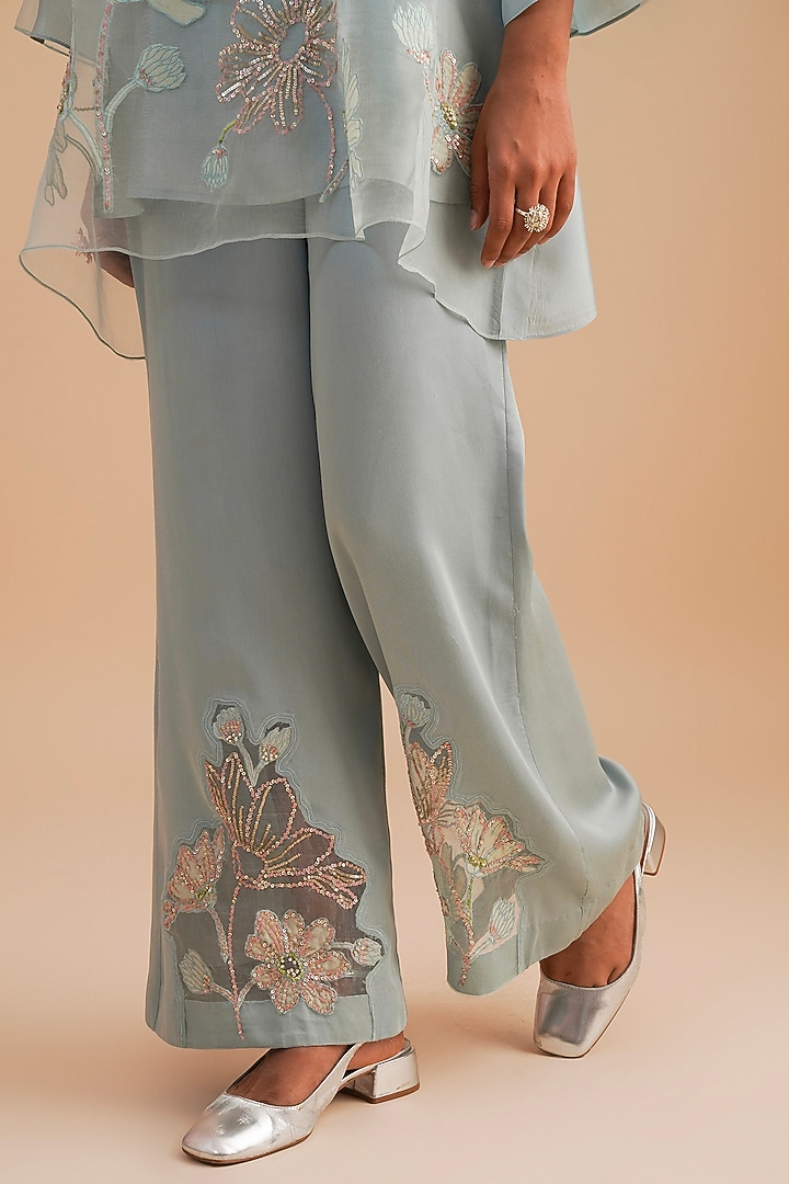 Powder Blue Silk & Organza Floral Hand Embroidered Co-Ord Set by One not two at Pernia's Pop Up Shop