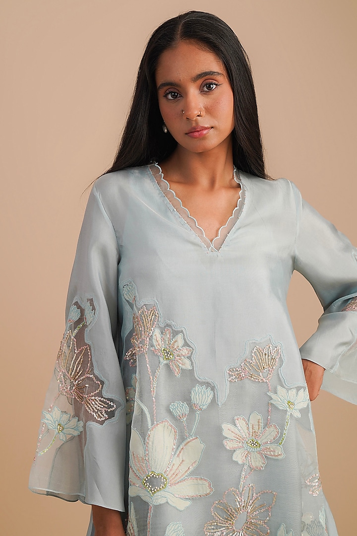 Powder Blue Silk & Organza Floral Hand Embroidered Co-Ord Set by One not two at Pernia's Pop Up Shop