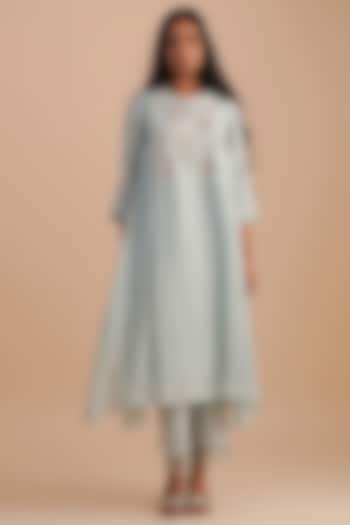 Powder Blue Silk & Organza Floral Hand Embroidered Kurta Set by One not two at Pernia's Pop Up Shop