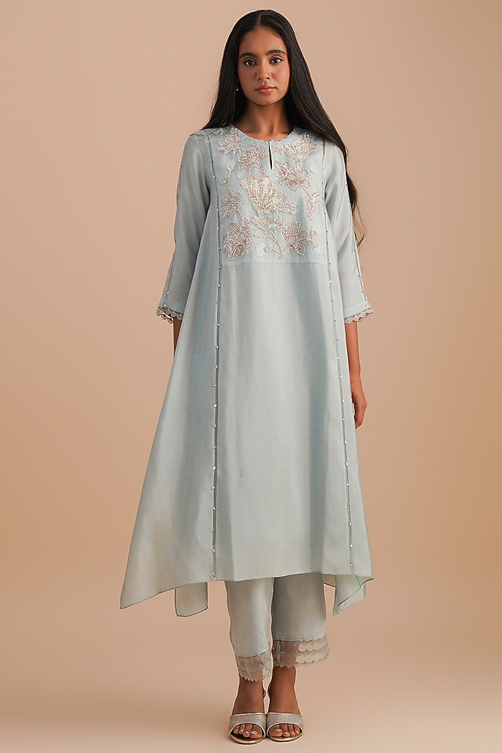 Powder Blue Silk & Organza Floral Hand Embroidered Kurta Set by One not two at Pernia's Pop Up Shop