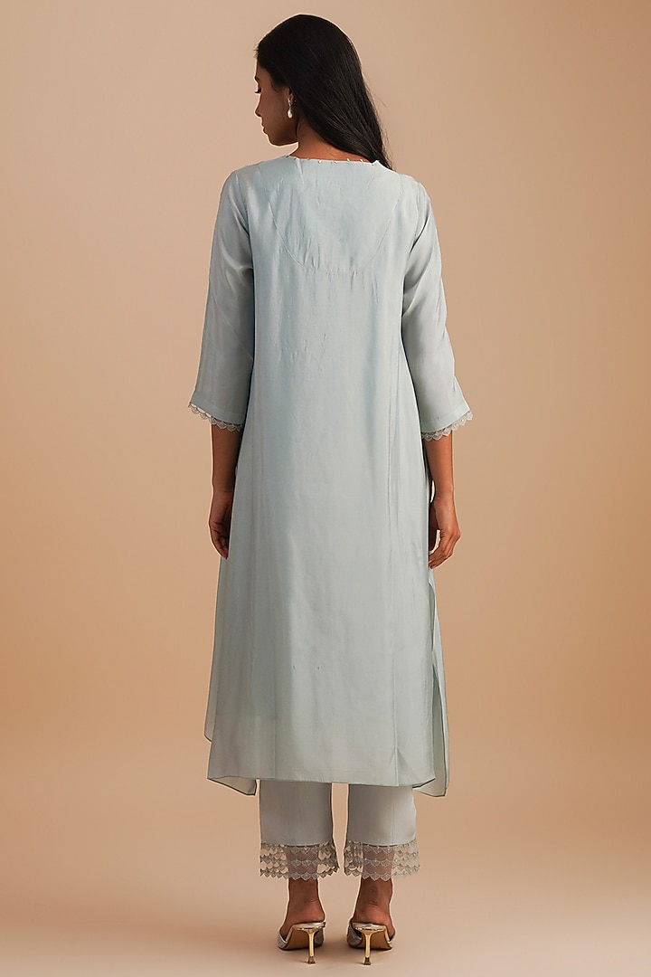 Powder Blue Silk & Organza Floral Hand Embroidered Kurta Set by One not two at Pernia's Pop Up Shop