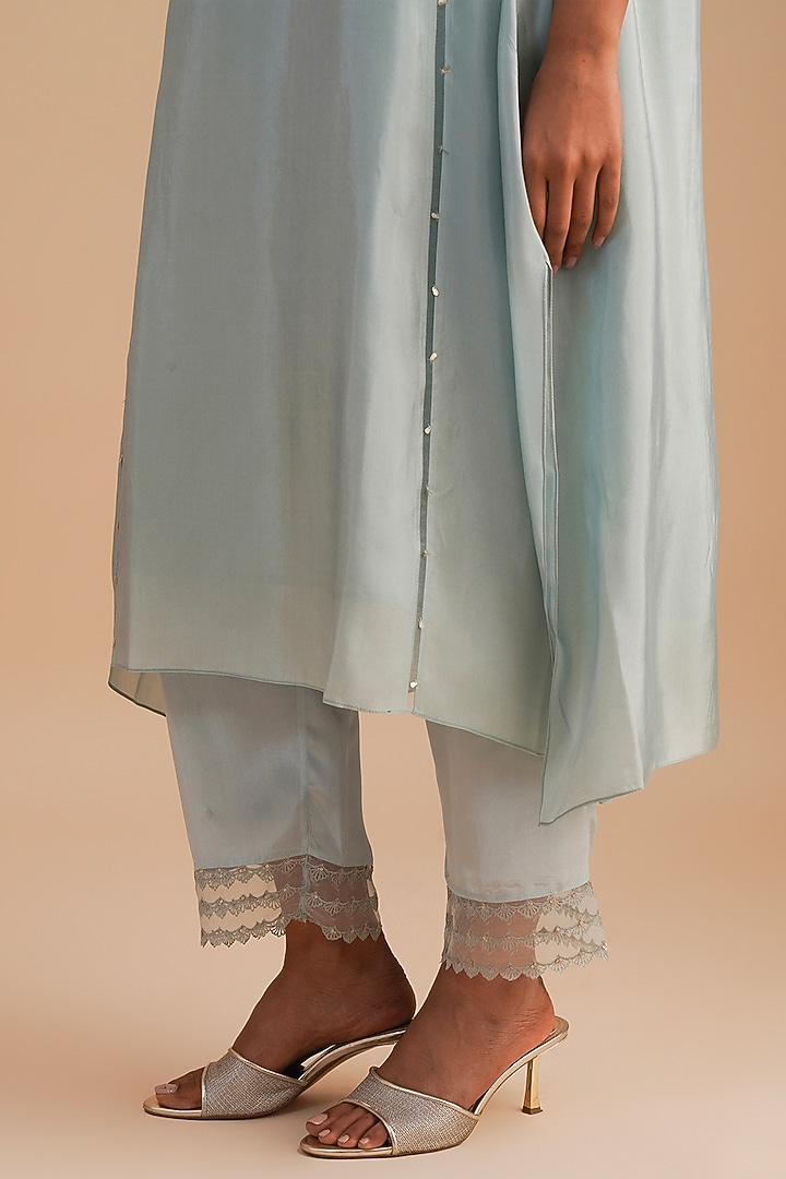 Powder Blue Silk & Organza Floral Hand Embroidered Kurta Set by One not two at Pernia's Pop Up Shop