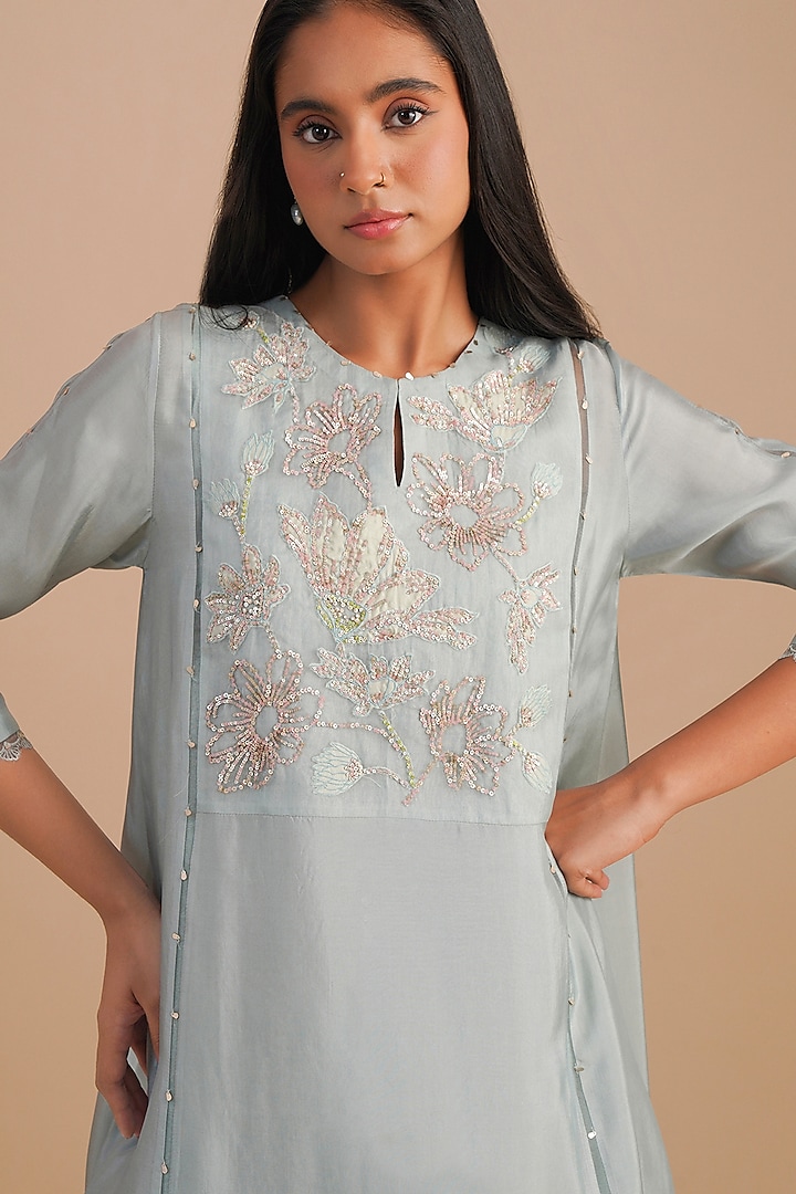 Powder Blue Silk & Organza Floral Hand Embroidered Kurta Set by One not two at Pernia's Pop Up Shop