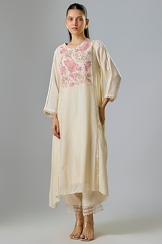 Ecru Silk & Organza Hand Embroidered Kurta Set by One not two
