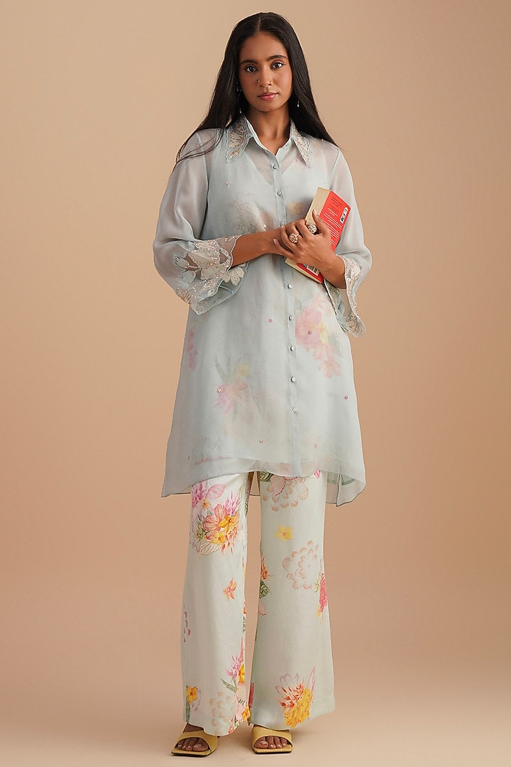 Powder Blue Silk & Organza Floral Hand Embroidered Co-Ord Set by One not two at Pernia's Pop Up Shop