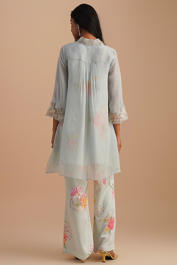 Powder Blue Silk & Organza Floral Hand Embroidered Co-Ord Set by One not two at Pernia's Pop Up Shop