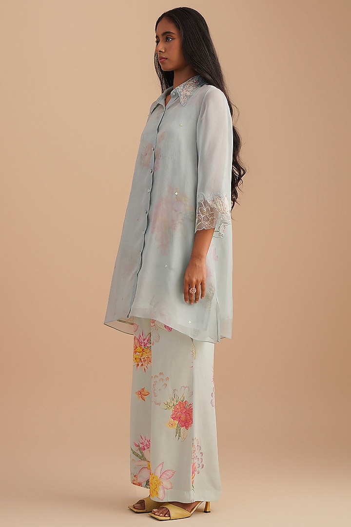 Powder Blue Silk & Organza Floral Hand Embroidered Co-Ord Set by One not two at Pernia's Pop Up Shop