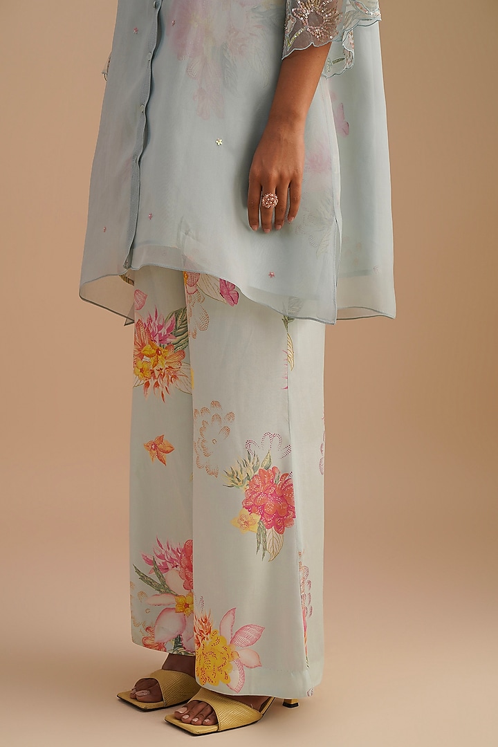 Powder Blue Silk & Organza Floral Hand Embroidered Co-Ord Set by One not two at Pernia's Pop Up Shop