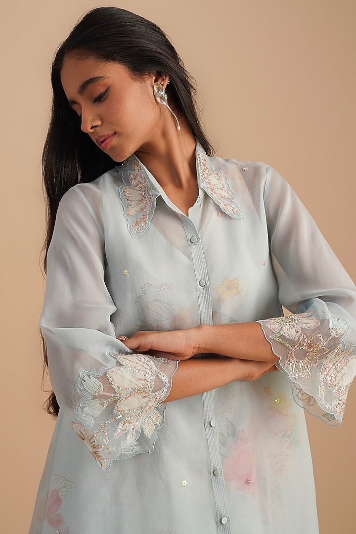 Powder Blue Silk & Organza Floral Hand Embroidered Co-Ord Set by One not two at Pernia's Pop Up Shop