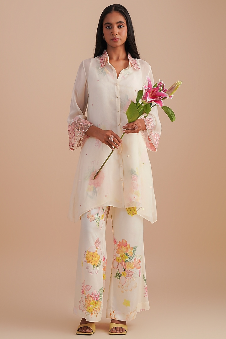 Ecru Silk & Organza Floral Hand Embroidered Co-Ord Set by One not two at Pernia's Pop Up Shop
