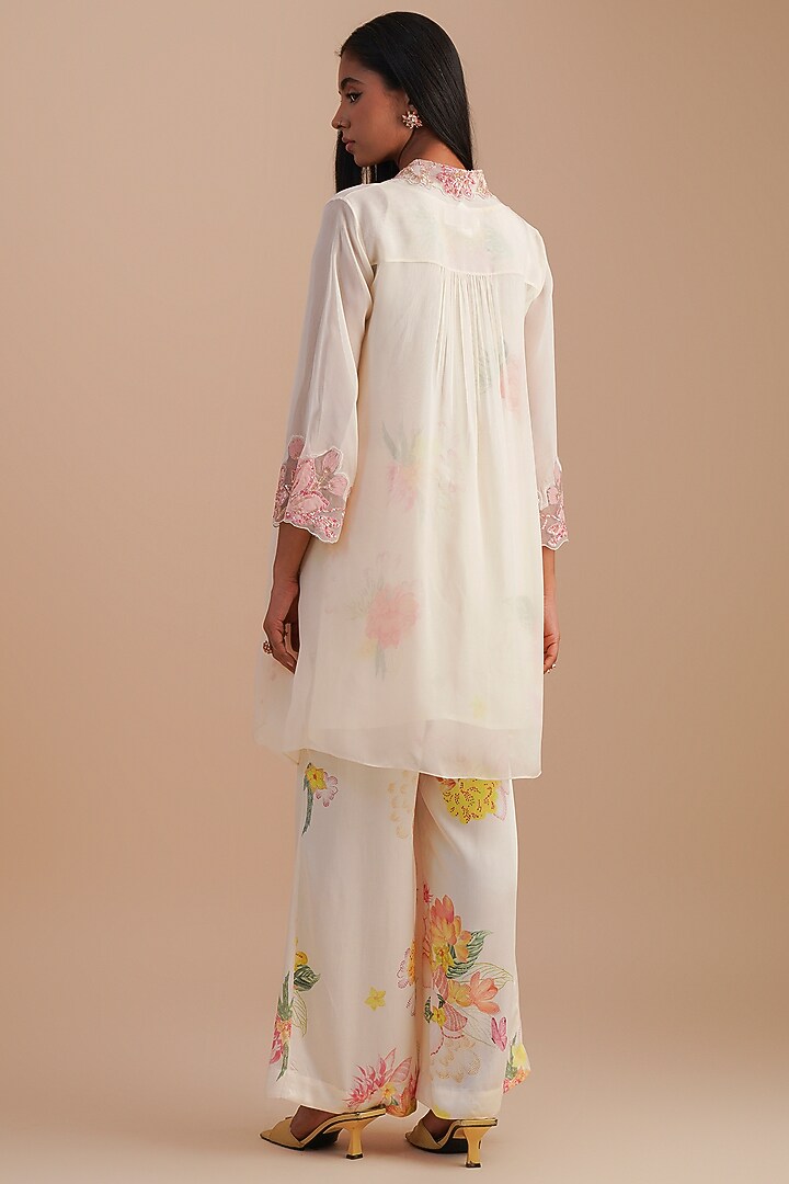 Ecru Silk & Organza Floral Hand Embroidered Co-Ord Set by One not two at Pernia's Pop Up Shop
