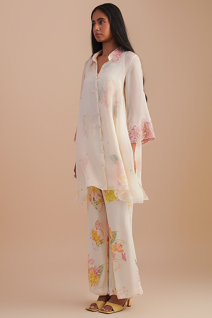 Ecru Silk & Organza Floral Hand Embroidered Co-Ord Set by One not two at Pernia's Pop Up Shop
