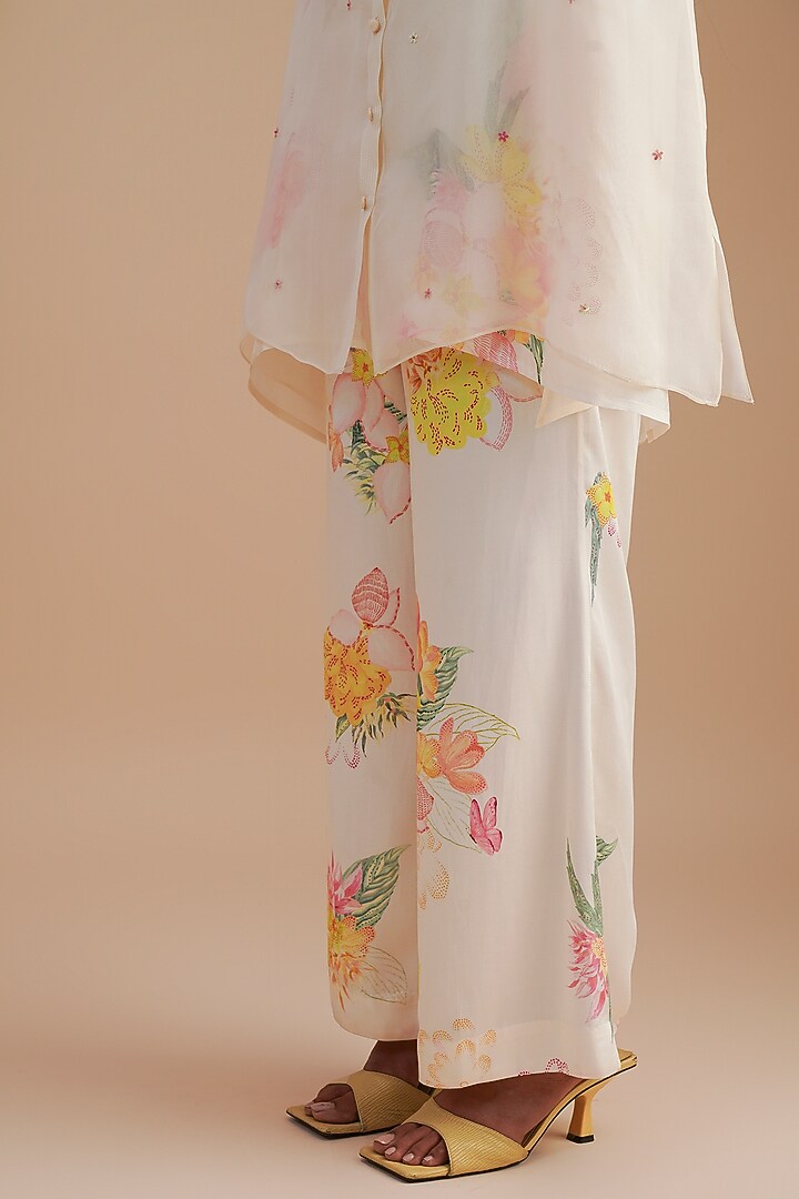 Ecru Silk & Organza Floral Hand Embroidered Co-Ord Set by One not two at Pernia's Pop Up Shop