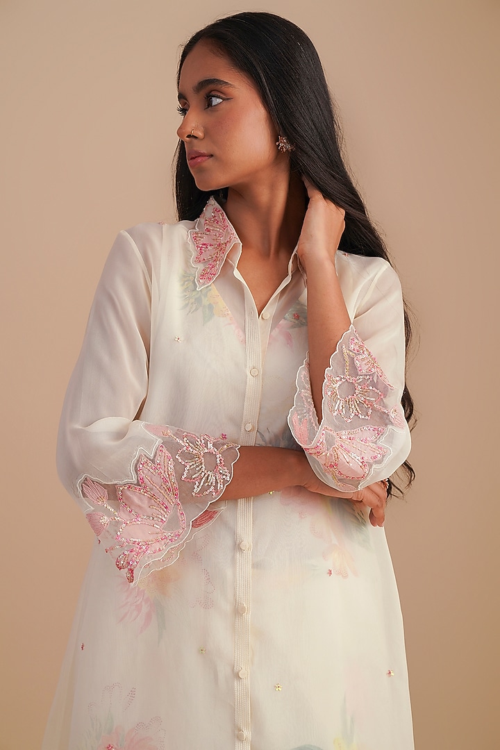 Ecru Silk & Organza Floral Hand Embroidered Co-Ord Set by One not two at Pernia's Pop Up Shop