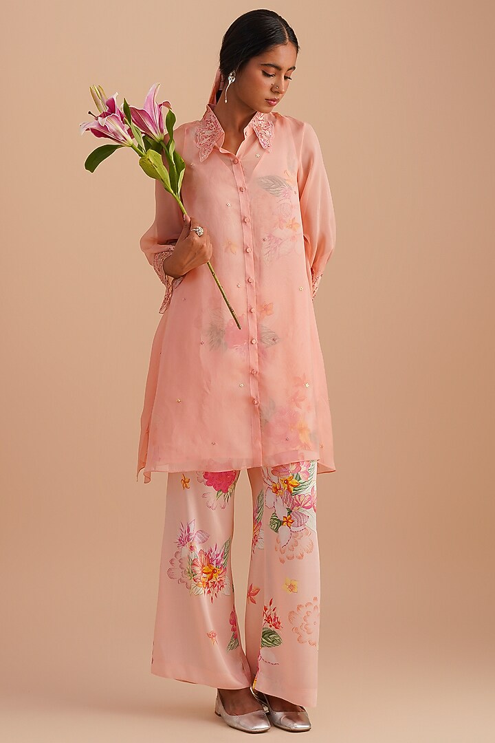 Blush Silk & Organza Floral Hand Embroidered Co-Ord Set by One not two at Pernia's Pop Up Shop